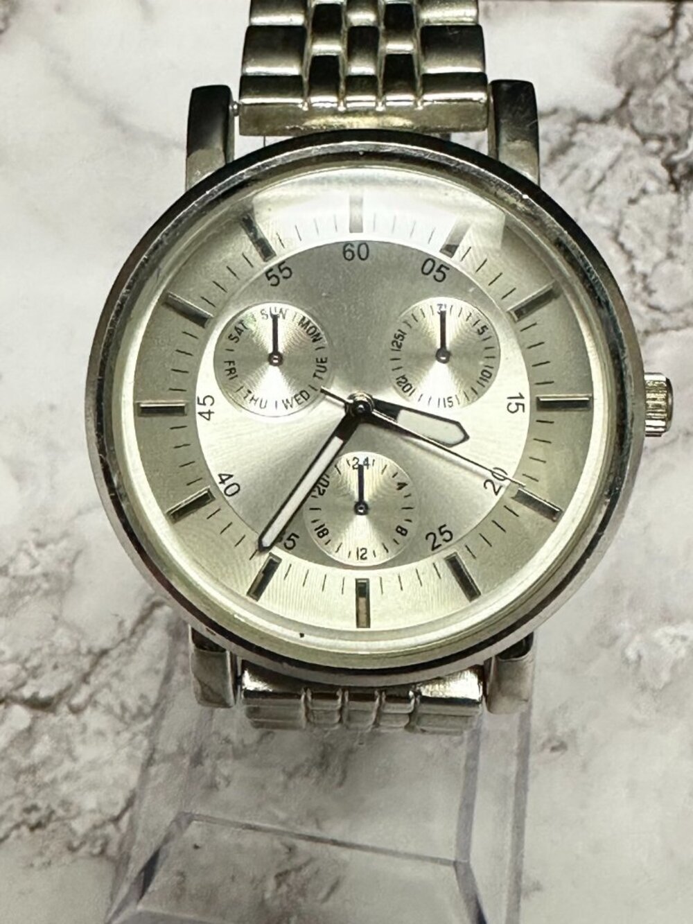 3/$30 Merona Watch Women Silver Tone Baton Indexes Round 38MM Dial 7.5"